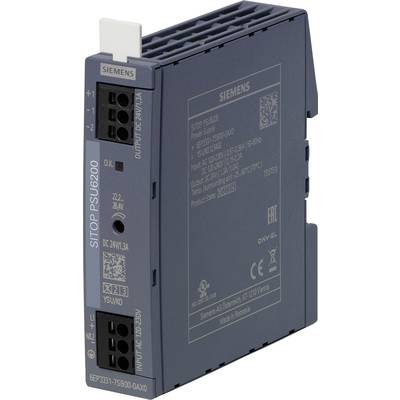 Ein blaues Netzteilgerät von Siemens, Modell SITOP PSU6200, mit technischen Spezifikationen und Anschlüssen auf der Vorderseite.