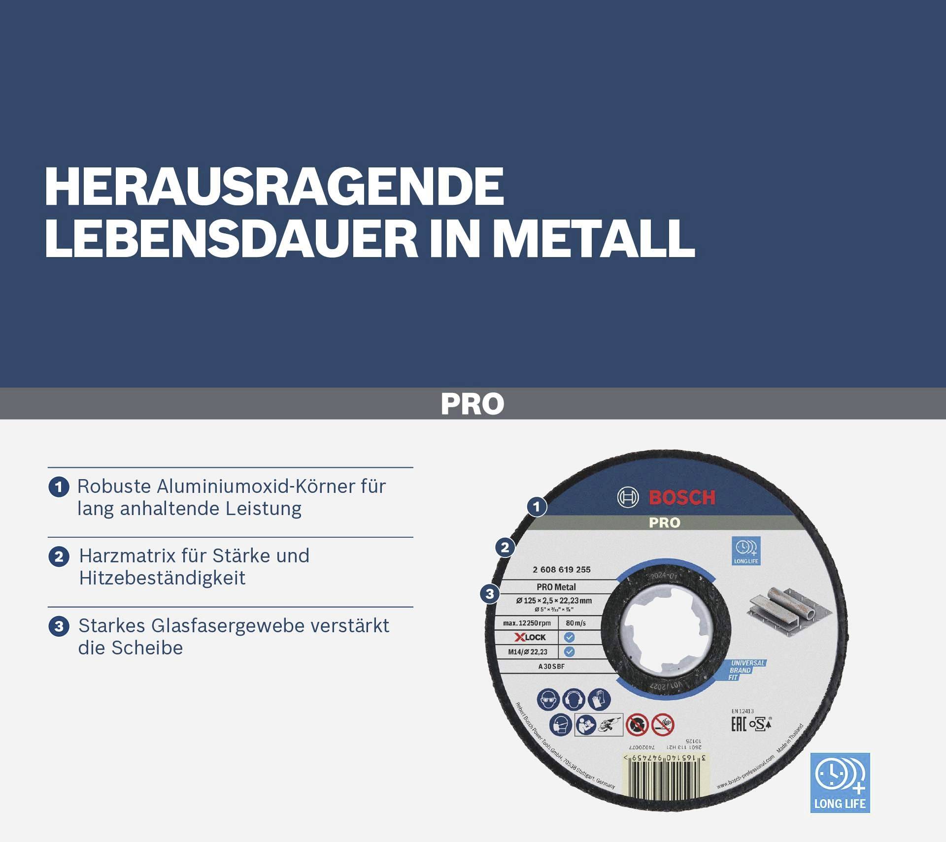 Schleifscheiben-Produkt mit langer Lebensdauer für Metall; Merkmale: robuster Aluminiumoxid-Kern, hitzebeständige Harzmatrix.