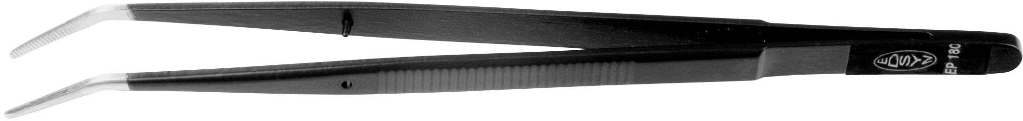 Eine schwarze Metallpinzette mit gebogenen Spitzen, die zur präzisen Handhabung kleiner Gegenstände verwendet wird.