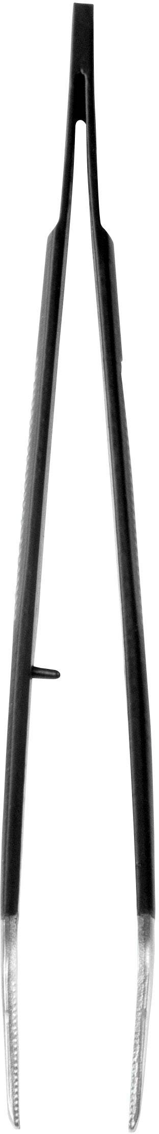 Eine schwarze Metallschere, geöffnet, zeigt ihre Spitze.