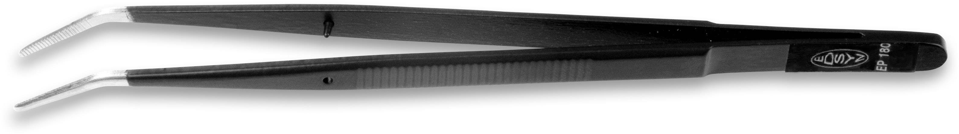 Schwarze Pinzette mit gebogenen Spitzen, auf weißem Hintergrund liegend.