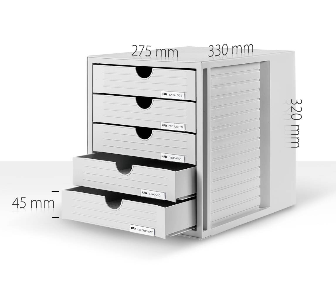 Ein weißer Schubladenschrank mit fünf beschrifteten Schubladen ('Kabelbox', 'Präsentation', 'Versand', 'Serach', 'Officeware'); Maße: 275 x 330 x 320 mm, Schublade: 45 mm hoch.