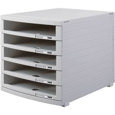 Sechsstufiges, graues Ablagefachsystem mit Beschriftungen 'Eingang', 'Ausgang', 'Versand', 'Lieferscheine', 'Kataloge'.