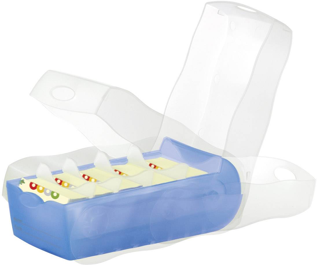 Blauer Tablettenbox-Organizer mit Wochentagen und separaten Fächern zum sicheren Aufbewahren von Medikamenten, transparentem Deckel.