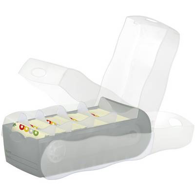 Ein transparenter Brotdosen-Kartonhalter mit Fächern zur Trennung von Lebensmitteln. Deckel ist offen, zeigt Innenaufteilung.