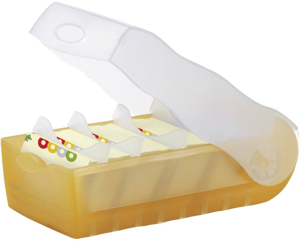 Ein gelber Butterbehälter mit transparentem Deckel, der mehrere rechteckige Butterabschnitte zeigt.