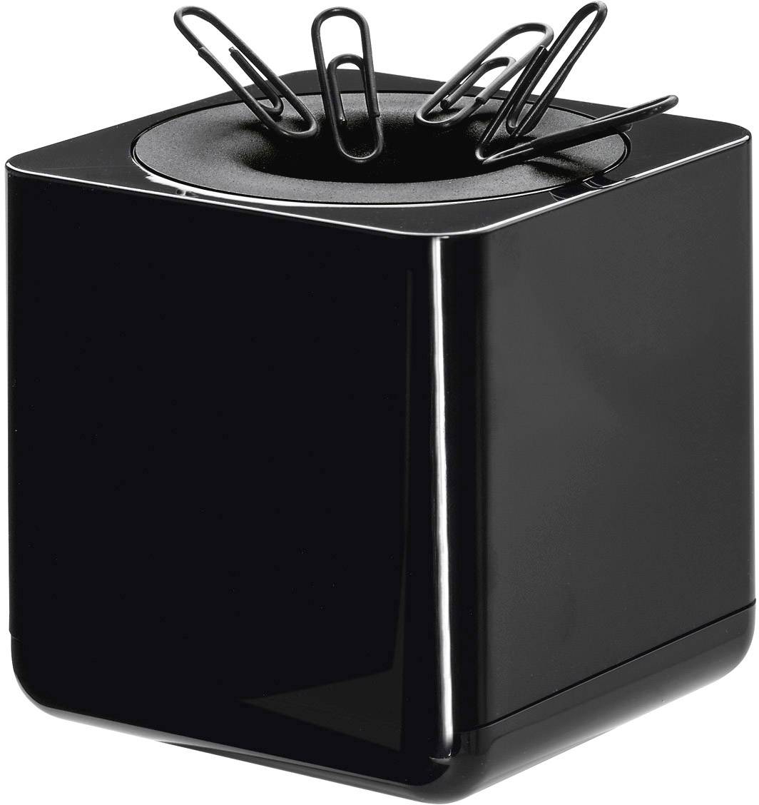 Schwarzer Würfel-Magnetbehälter mit Büroklammern am Deckel. Entworfen für die Aufbewahrung und Organisation von Büroklammern.