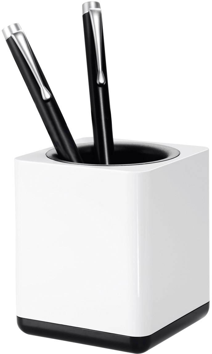 Ein weißer, quadratischer Stifthalter mit zwei schwarzen Stiften darin.