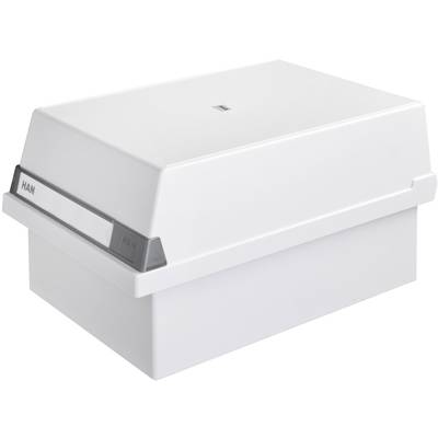 Plastik-Aufbewahrungsbox in Weiß, quadratisch mit abnehmbarem Deckel, ideal für Büro- oder Haushaltsgegenstände.