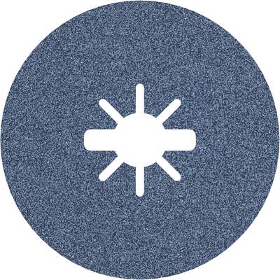 Ein blaues, rundes Schleifrad mit einem zentralen, weiße Symbol in Form eines Sterns oder Zahnrades in der Mitte.