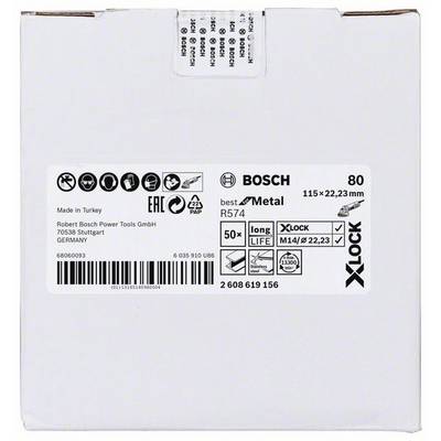Weiße Verpackung eines Bosch Schleifmittels, Modell R574, best for Metal, 115 x 22,23 mm, hergestellt in der Türkei.