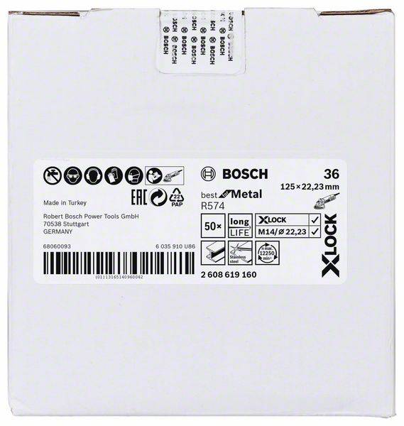 'Verpackung einer Bosch-Metallscheibe, kompatibel mit X-Lock-System. Durchmesser: 125 mm, Dicke: 22,23 mm, produziert in der Türkei.'