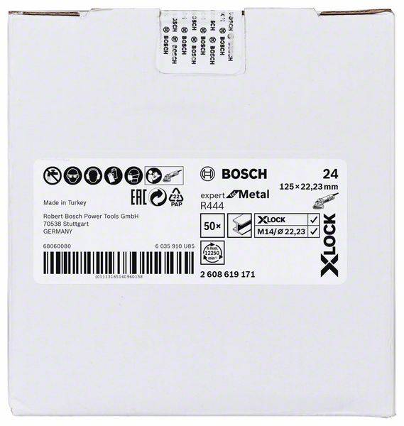 Verpackung eines Bosch X-Lock Produkts, detailiert mit Spezifikationen: 24 Pads, Größe 125 x 22,23 mm, Made in Turkey.