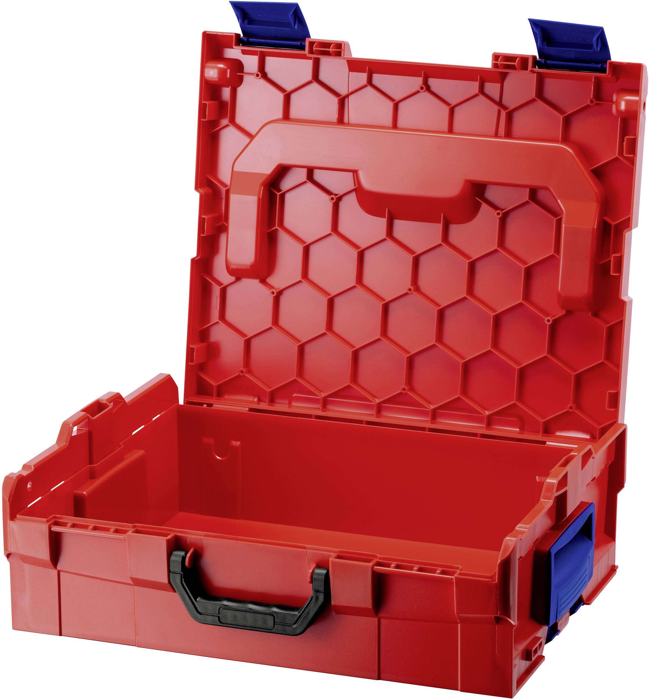 Roter Werkzeugkasten aus Kunststoff mit Wabenmuster im Deckel. Der Deckel ist geöffnet und zeigt den leeren Innenraum.