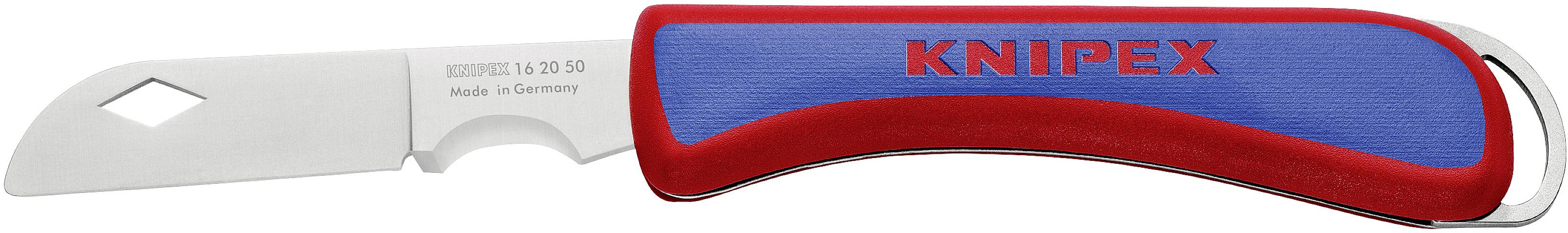 Ein Klappmesser mit roten und blauen Griffen, darauf steht 'KNIPEX'. Die Klinge ist aus Metall und hat ein Loch zur Befestigung.