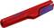 Ein rotes Kabelabisolierwerkzeug von Knipex mit blauer Beschriftung, geeignet für genaue und sichere Abisolieraufgaben bei Kabeln.