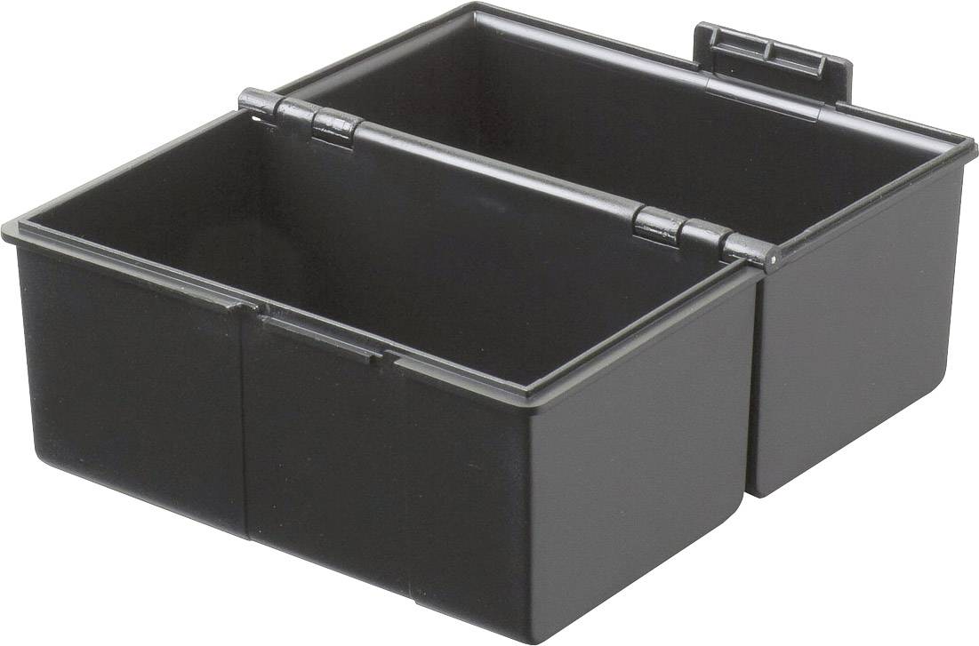 Schwarze, rechteckige Plastikbox mit zwei getrennten Fächern. Ideal zur Aufbewahrung kleiner Gegenstände oder Werkzeuge.