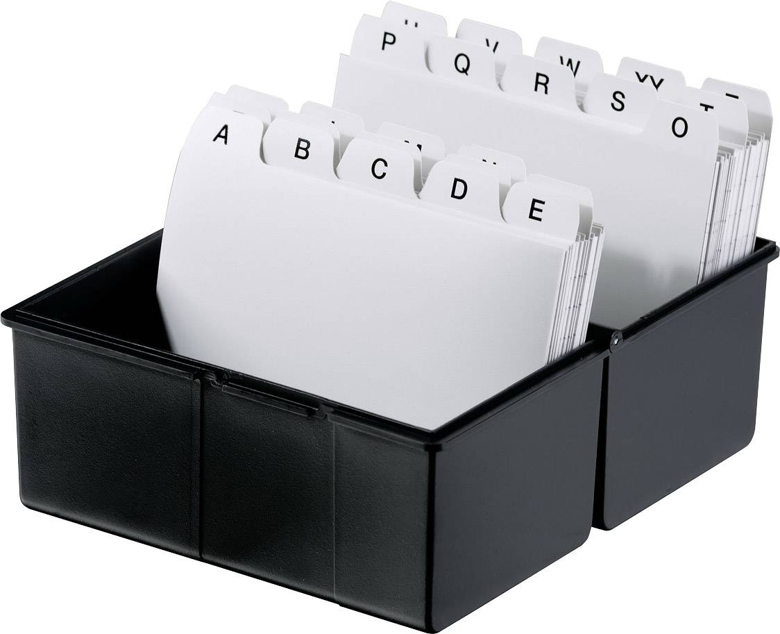 Schwarze Karteikartenbox mit alphabetischen Registerkarten von A bis Z. Enthält leere weiße Karten, geordnet nach Buchstaben.