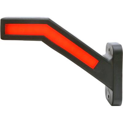 Rotes, leuchtendes Signalschild in Form eines geknickten Pfeils nach unten an schwarzer Halterung montiert.