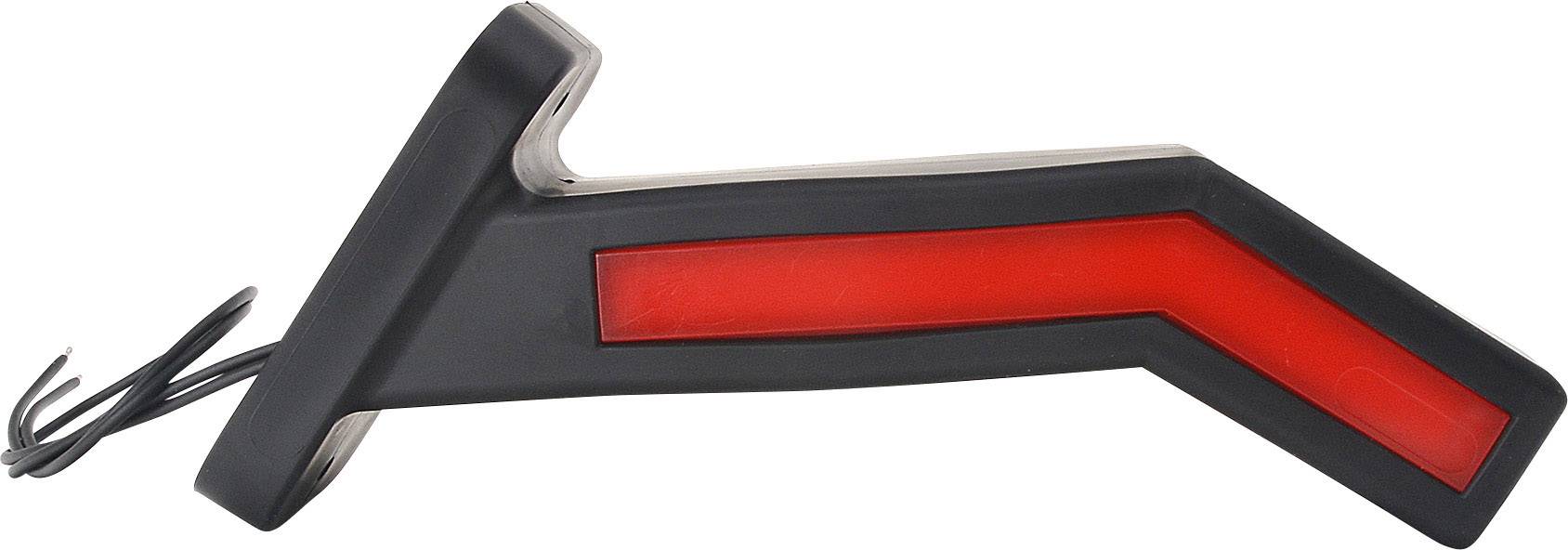 Rotes, pfeilförmiges LED-Rücklicht für Fahrräder mit schwarzem Gehäuse und Kabel zur Montage.