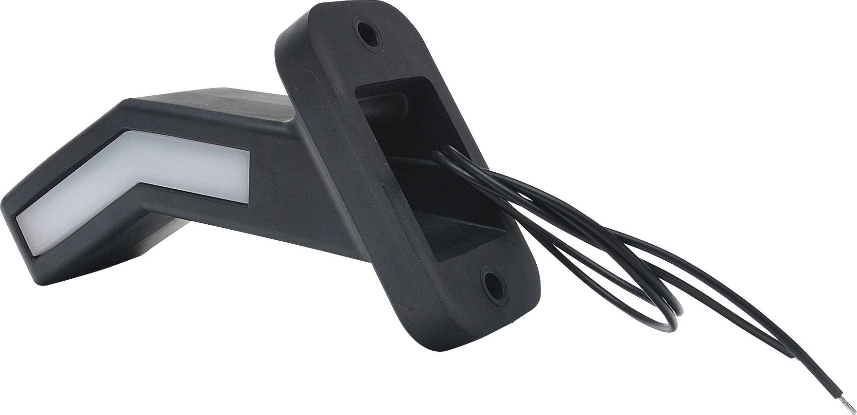 Schwarzer Kunststoffhalter mit integriertem Kabel, möglicherweise für Beleuchtungs- oder Elektroinstallationen.