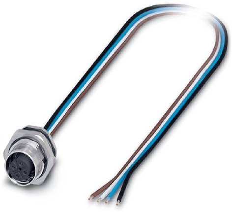 Nahaufnahme eines industriellen Steckverbinders mit Kabel. Der Stecker ist metallisch mit mehreren Drähten in verschiedenen Farben.