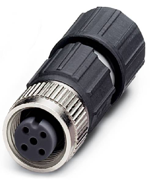 Ein schwarzer, zylindrischer elektrischer Stecker mit vier Löchern in der Anschlussseite, geeignet zur Verbindung von Kabeln.