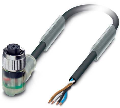 Anschlusskabel mit Winkelstecker, vieradrig, ohne Abdeckung, geeignet für industrielle Anwendungen. Hauptsächlich in Maschinenbau verwendet.