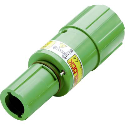 Grüner Verriegelungsstecker mit gelbem 'Lock'-Aufkleber, für sicheren Anschluss und Schutz elektrischer Verbindungen.