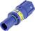Blauer elektrischer Stecker mit Sicherheitsmarkierungen und Aufschrift 'ZUG-LOCK N'.
