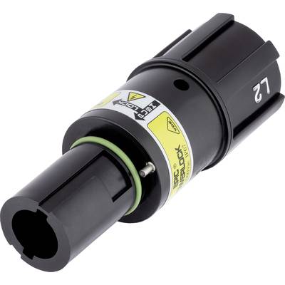Schwarzer, zylindrischer Adapter mit gelben Markierungen und einem grünen Ring in der Mitte. Beschriftet mit 'BRC Overlock Plug'.