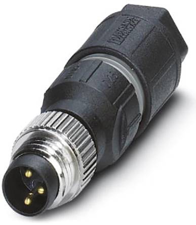 Schwarzer, zylindrischer Stecker mit Metallgewinde und drei goldenen Kontakten, verwendet für elektronische Verbindungen.