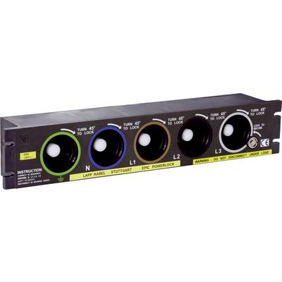 'Powerlock-Panel mit fünf farblich gekennzeichneten Anschlüssen für Hochstromverbindungen: N, L1, L2, L3. Hinweis: Nicht unter Last trennen.'