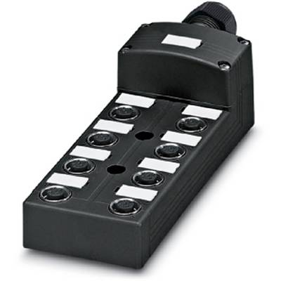 Ein schwarzes elektronisches Modul mit mehreren Anschlüssen und LED-Anzeigen auf der Oberseite. Es dient zur Verbindung technischer Geräte.