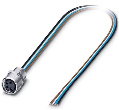 Kabel mit einem runden, silbernen Stecker am Ende, bestehend aus vier farbigen Drähten: blau, orange, weiß, braun.
