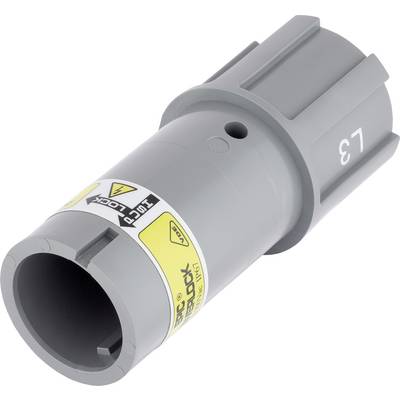 Grauer, zylindrischer Adapter mit Warnhinweisen, Aufschrift 'L3', vermutlich für industrielle Anwendung oder Ausrüstung.