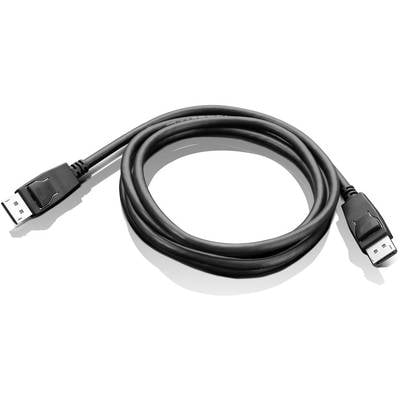 Schwarzes DisplayPort-Kabel mit zwei Steckern an den Enden, dargestellt in einer Schleifenform auf weißem Hintergrund.