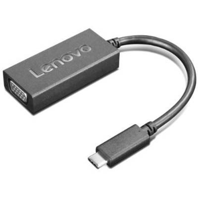 'Lenovo USB-C zu VGA Adapter' zeigt ein kleines schwarzes Gerät mit einem USB-C-Anschluss und einem VGA-Anschluss, das zur Bildschirmausgabe dient.