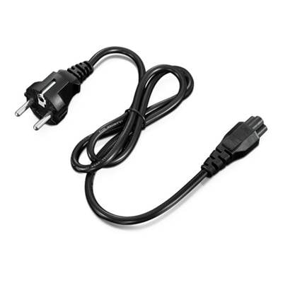 Schwarzes Netzkabel mit europäischem Stecker links und Anschlussstecker rechts, für die Stromversorgung von Geräten.