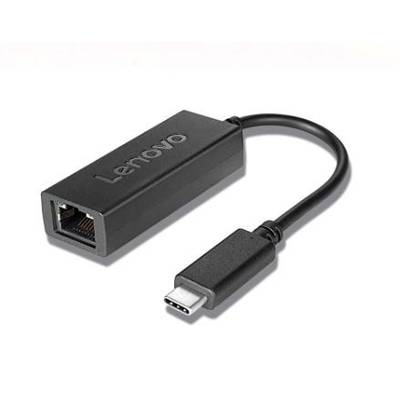 USB-C-zu-Ethernet-Adapter von Lenovo. Schwarzes Gehäuse mit Ethernet-Anschluss auf einer Seite und USB-C-Stecker auf der anderen.