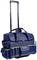 Blaue Werkzeugtasche mit Teleskopgriff, zahlreichen Außentaschen und 'raaco'-Logo auf der Vorderseite. Ideal für Transport von Werkzeugen.