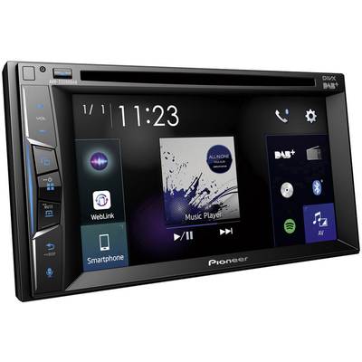 Pioneer-Doppel-DIN-Autoradio mit Touchscreen zeigt Uhrzeit, Musikwiedergabe-App, Smartphone-Verknüpfung und verschiedene App-Icons.