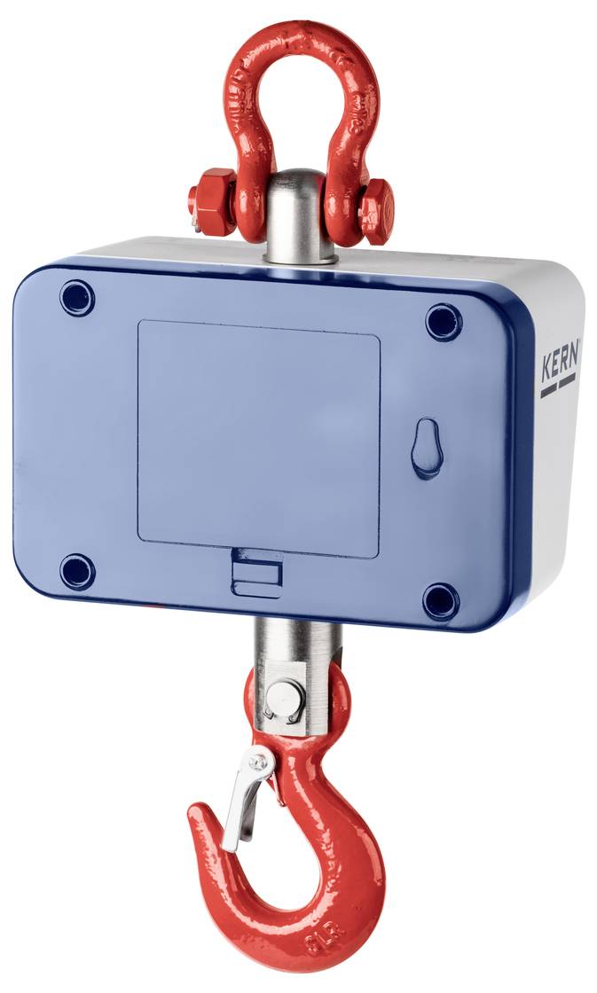 Industrie-Kranwaage mit blauem Gehäuse, rotem Haken und silbernem Verbindungsstück; von der Marke Kern. Geeignet zur Lastmessung.