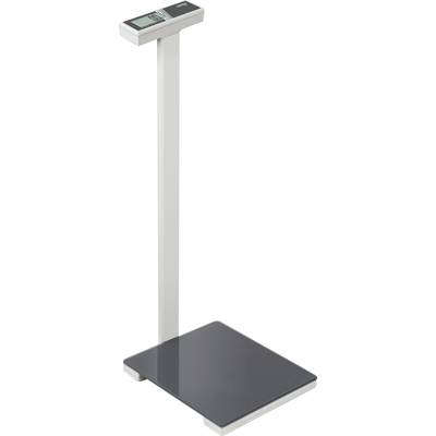 'Digitale Personenwaage mit Standsäule und Display. Schwarze Glasoberfläche, silberner Rahmen. Zeigt Gewicht in Kilogramm an.'