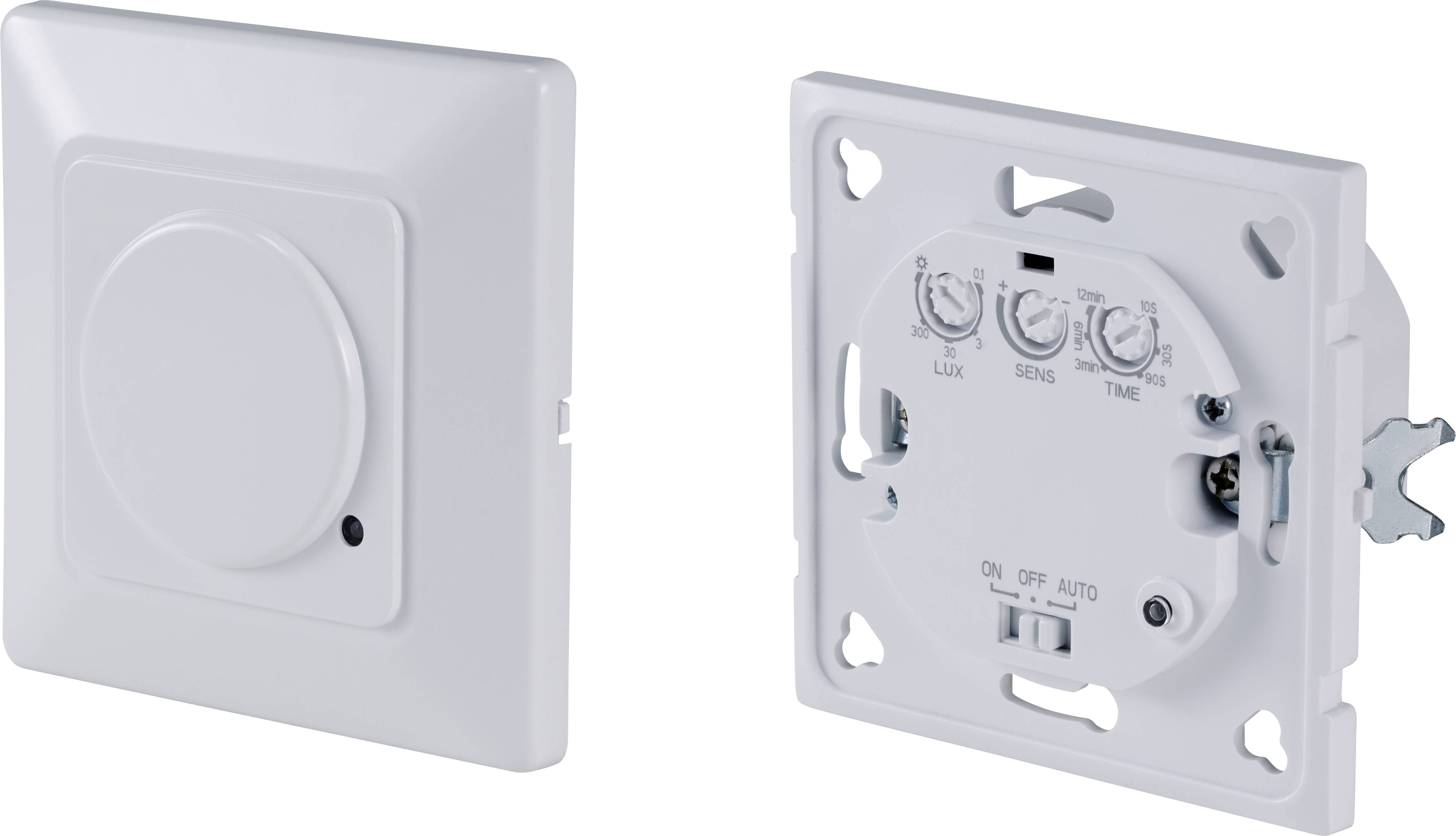 Zwei weiße Lichtschalter, einer mit Drehknopf und der andere mit Einstellungen für 'LUX', 'SENS', 'TIME' und Schalter für 'ON', 'OFF', 'AUTO'.