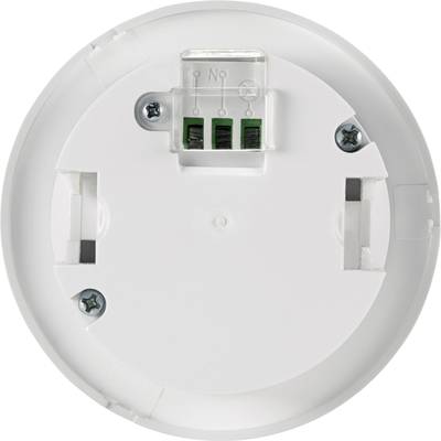 Rückansicht eines runden weißen Gerätes mit Anschlussklemmen und Schrauben zur Befestigung. Geeignet zur Installation an der Decke oder Wand.