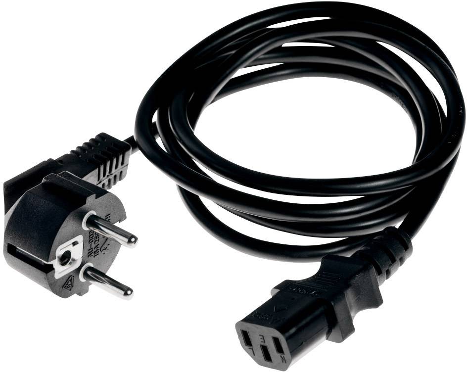 'Ein schwarzes Netzkabel mit Schuko-Stecker und dreipoligem C13-Buchse, zum Anschluss von Geräten an eine Stromquelle.'
