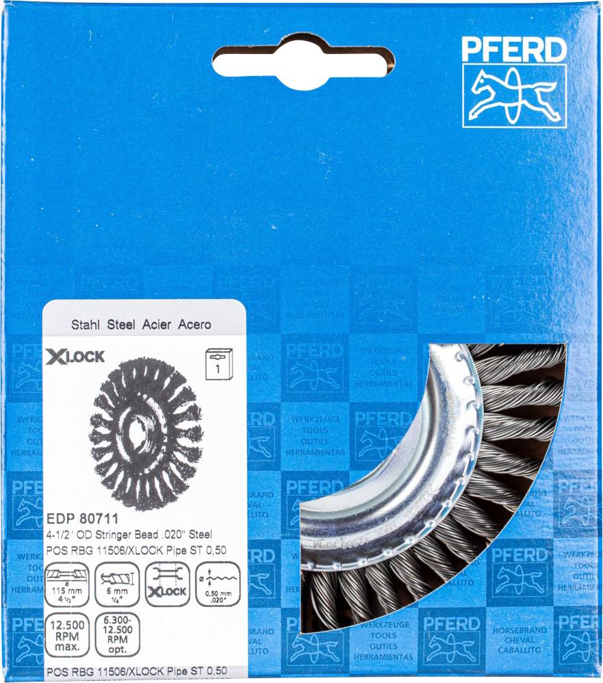 Verpackung einer PFERD Stahlbürste. Zeigt Produktbild einer Drahtbürste mit technischen Spezifikationen wie EDP 80711 und 0,020" Stahl.