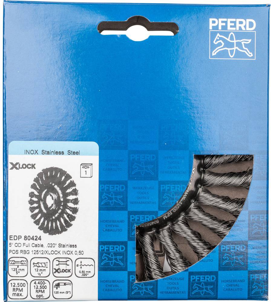Verpackung einer Edelstahl-Drahtbürste der Marke Pferd, 125 mm Durchmesser, geeignet für X-Lock-Systeme, Abbildung der Bürste.