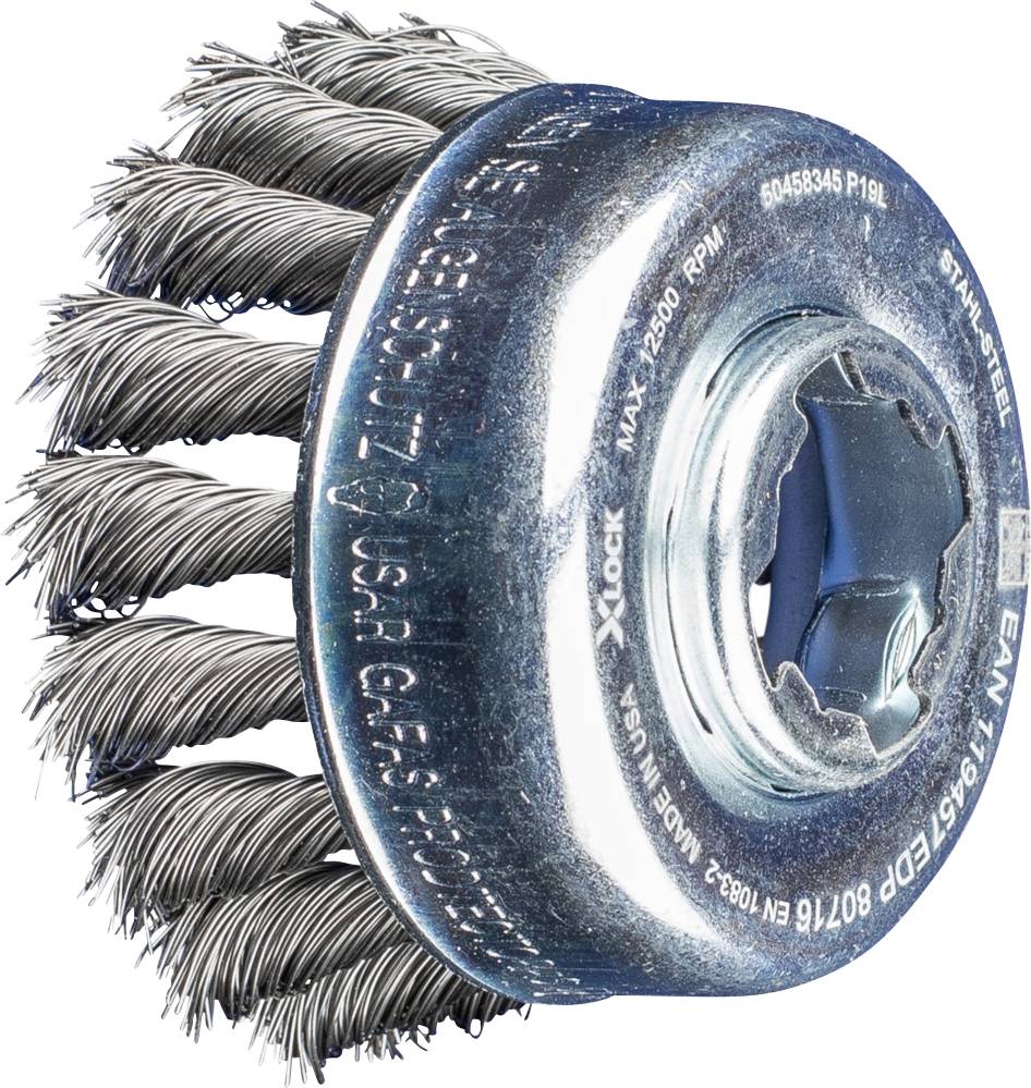 Runde Drahtbürste mit dichten, metallischen Borsten, geeignet für das Entfernen von Rost oder Farbe von Metalloberflächen.